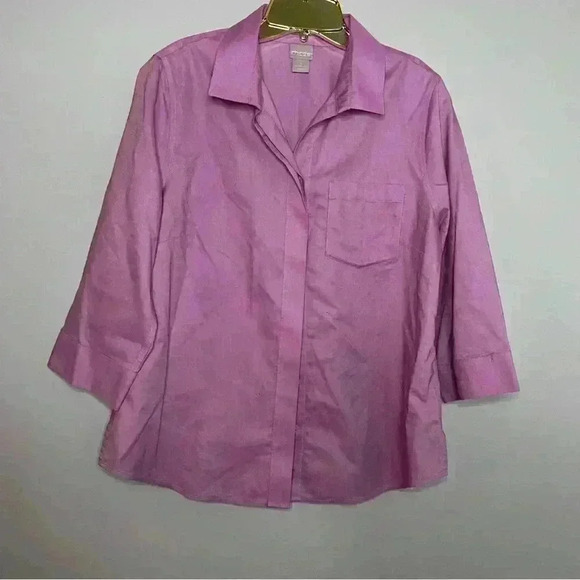 Chico’s Linen Blouse, NWOT, Size 8/10, No Iron, Pink Button Front 3/4 Sleeves - Picture 1 of 5